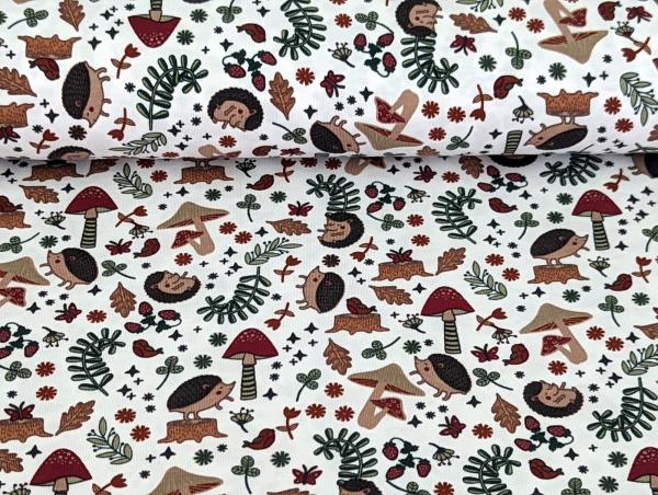 Reststück Baumwolljersey Igel im Herbstwald Pilze Weiß 75 x 150 cm